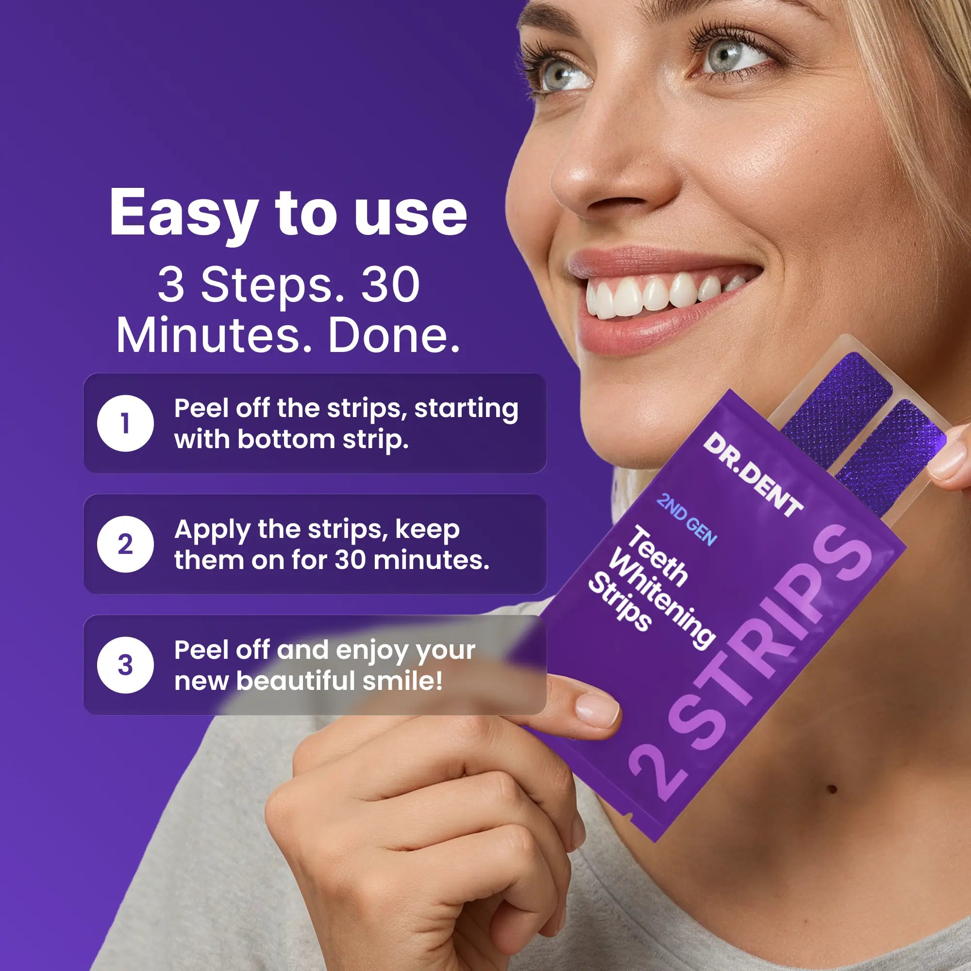 Experience a Dazzling Smile with DRDENT Purple Teeth Whitening Strips - 7/21 Sessions for Safe, Non-Sensitive Whitening - Peroxide-Free Formula!
